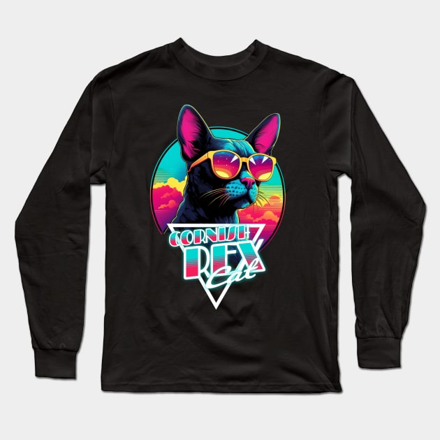 Retro Wave Cornish Rex Cat Miami Shirt Long Sleeve T-Shirt by Miami Neon Designs